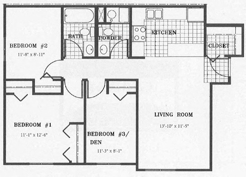 Floor plan for 3 beds, 2 baths, 922 sqft